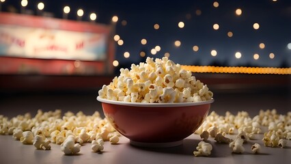 "Popcorn at Drive-In Movie &ndash; Bowl of Popcorn with Blurred Drive-In Theater Background, Evoking Nostalgia and Cinematic Joy"
