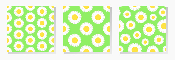 White chamomiles on green background. Vector seamless patterns collection. Best for textile, wallpapers, wrapping paper and your design.