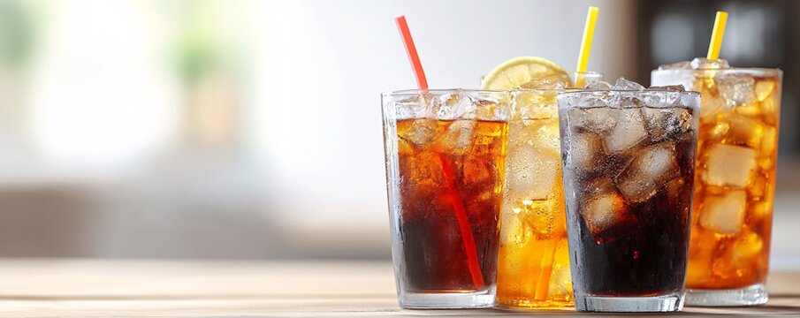 Refreshing cold soda drinks with ice and straws on table