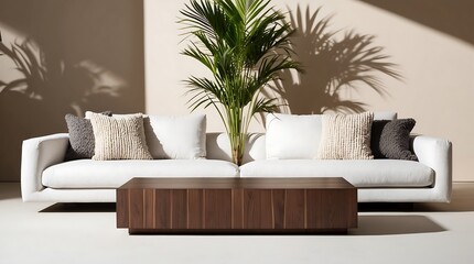 Modern Minimalist Living Room Interior Design with White Sofa, Walnut Coffee Table, and Palm Plant