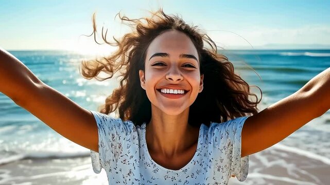 A cheerful young woman with curly hair smiles brightly, capturing a selfie on a sunny beach. Her white top compliments the clear blue sky and vibrant mood of a summer day.