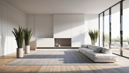 Modern minimalist living room with sleek white walls, natural wooden flooring, tall ornamental plants in matte ceramic pots, a soft gray rug, and sunlight streaming through wide glass windows