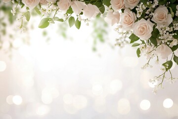 Fototapeta premium Joyful wedding venue floral archway with pink roses & ribbons