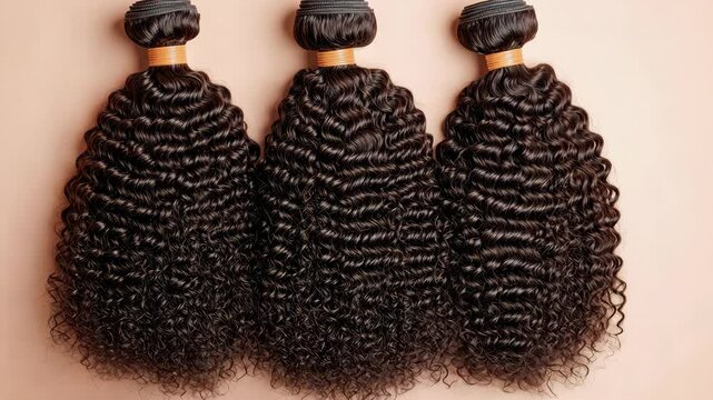 Three black hair extensions are displayed on a table