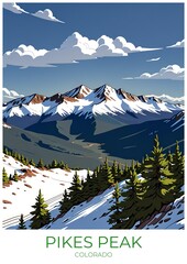 Pikes Peak Colorado Eco Friendly Travel Poster Illustration Retro Art Decor Gift
