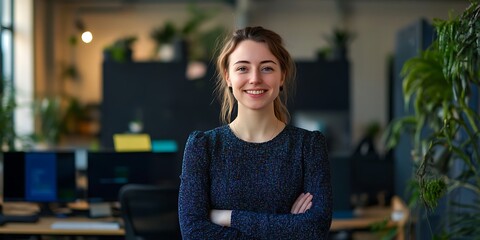 Portrait of female web developer standing confidently in tech workspace, smiling, professional shot