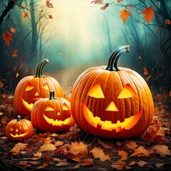 Watercolor Halloween pumpkins with carved faces, surrounded by leaves and mist with empty copy space