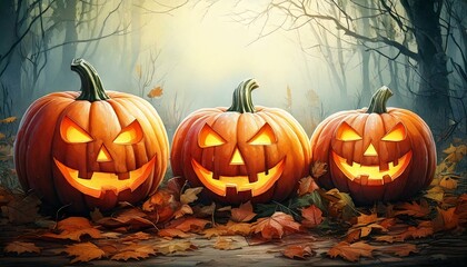 Watercolor Halloween pumpkins with carved faces, surrounded by leaves and mist with empty copy space