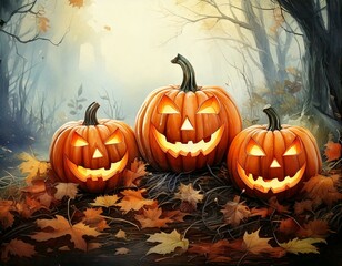 Watercolor Halloween pumpkins with carved faces, surrounded by leaves and mist with empty copy space