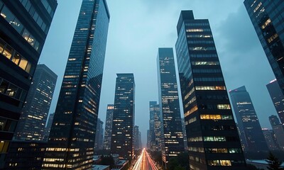 Obraz premium Modern skyscrapers glass facades reflective surfaces urban architecture
