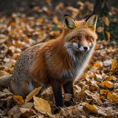 Fototapeta premium A fox with bright eyes peering through the autumn leaves.