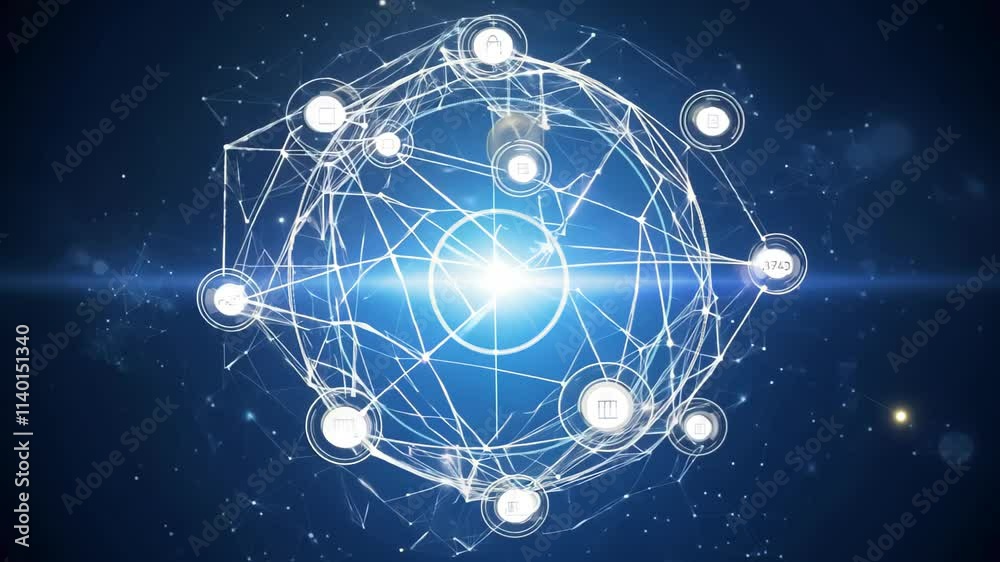 Poster exploring the connections within a digital network visualization highlighting data nodes and links i