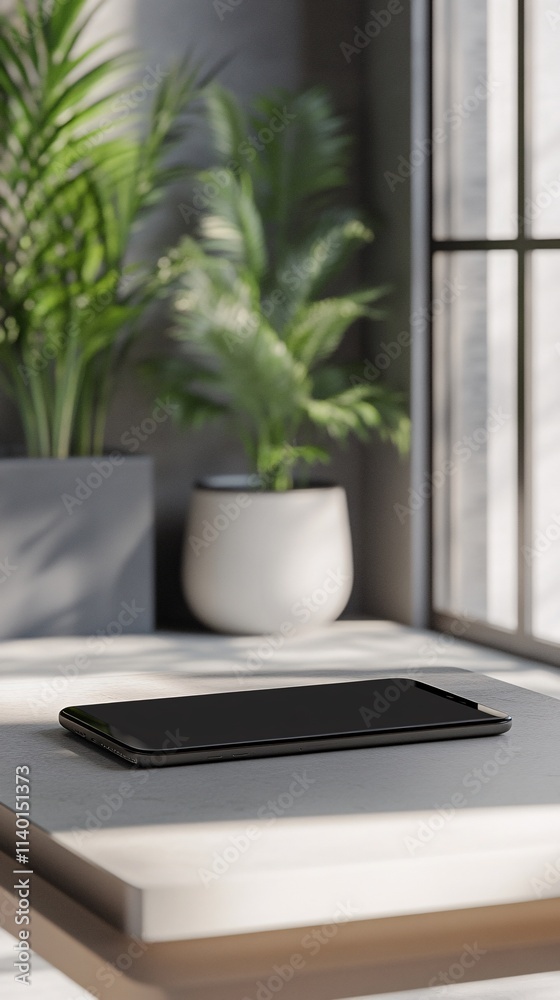 Poster smartphone lying on table with plants in background near window