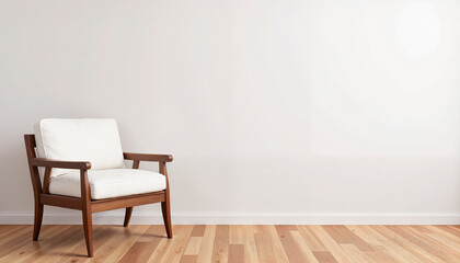 White cushioned armchair in minimalist room with wooden floor and copy space