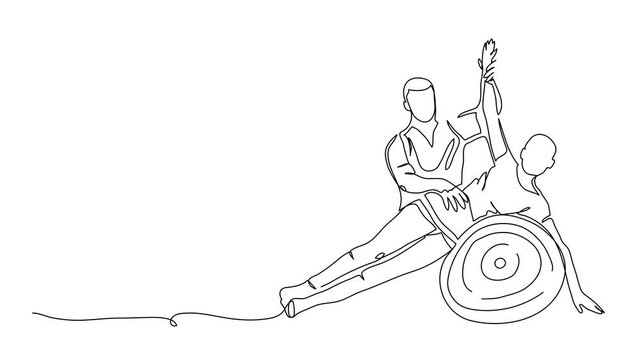 Fit ball rehabilitation therapy. Physiotherapy treatment animated illustration. One continuous line art, self drawing footage. Rehabilitation exercises