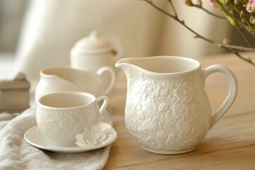 White floral embossed tableware; teacup, creamer, pitcher.