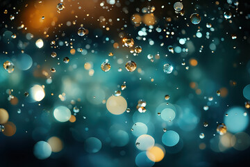 Numerous water droplets, some appearing almost frozen in time, are scattered against a blurred backdrop of teal, gold, and dark hues.  The bokeh effect creates soft, rounded lights