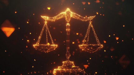 Glowing scales of justice, abstract law concept.
