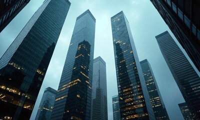 Fototapeta premium Modern skyscrapers glass facades reflective surfaces urban architecture