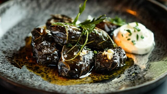 A plate of stuffed grape leaves, drizzled with olive oil and served with a side of yogurt. Ramadan food