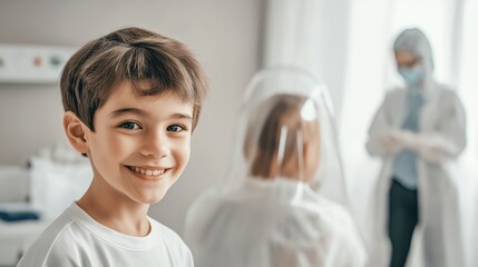 Fototapeta premium Pediatric hospital ward featuring dedicated medical professionals in protective gear, emphasizing compassionate care and safety in healthcare environments.