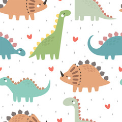 Cute dino pattern for kids, seamless vector background 