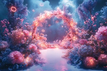 Fototapeta premium A vibrant, ethereal floral archway illuminated by soft lights.
