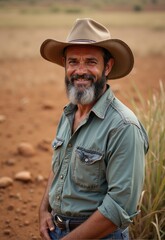 Man in cowboy hat smiles in sustainable agricultural field during sunset in rural deserted landscape