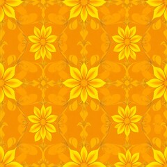 Golden Floral Pattern: A captivating seamless pattern featuring vibrant yellow floral motifs on a warm orange background. This intricate design evokes a sense of warmth, joy, and natural beauty.