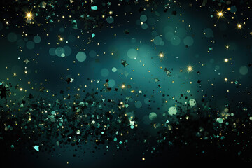 Abstract teal backdrop with shimmering star confetti and a soft bokeh effect. Ideal for festive, celebratory, or magical themed designs.