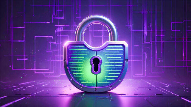 A holographic padlock icon with flowing data streams and encryption lines. Cybersecurity and privacy concept of data protection