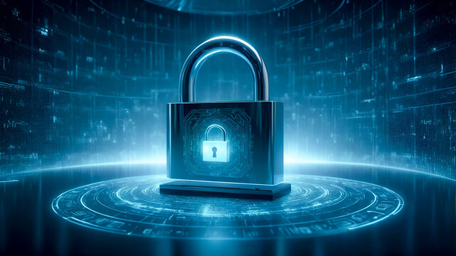 A holographic padlock icon with flowing data streams and encryption lines. Cybersecurity and privacy concept of data protection