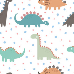 Cute dino pattern for kids, seamless vector background 