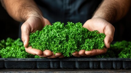 Hands holding fresh, vibrant green parsley.
