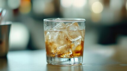 Iced brown drink in rocks glass on bar.