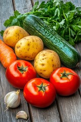 Fresh Vegetables on Rustic Wooden Background