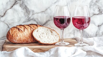 Still Life Crusty Bread and Red Wine