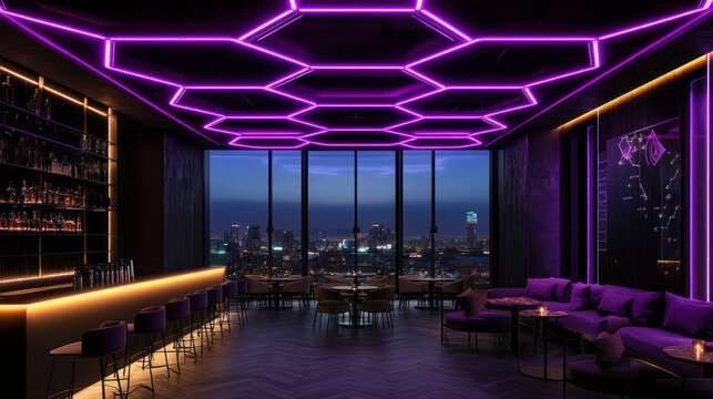 Luxurious bar with neon hexagon ceiling, city view.