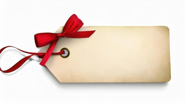 Elegant Blank Vintage Gift Tag with Red Satin Ribbon Bow for Holidays, Birthdays, Weddings, or Special Occasions. Perfect for Personalized Messages, Name Labels, DIY Crafts, or Custom Gift Packaging