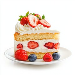 A slice of strawberry shortcake with whipped cream and fresh berries on a white background 