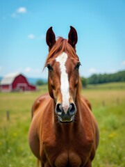 Obraz premium Brown horse stands in a vibrant green field with a red barn in the background under a clear blue sky during a sunny day