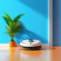 Modern Robotic Vacuum Cleaner in Bright Living Room with Potted Plant and Blue Wall
