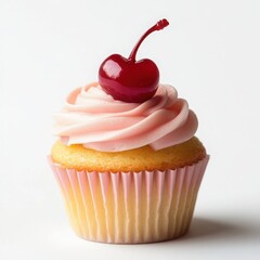 A small cupcake with a swirled frosting top and a cherry on top on a white background