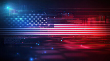 Futuristic neon American flag with glowing red, white, and blue lines on a dark background. Flag Day