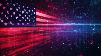 Futuristic neon American flag with glowing red, white, and blue lines on a dark background. Flag Day