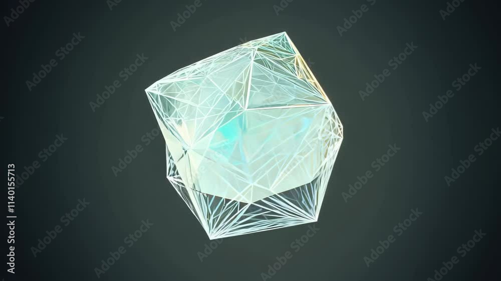 Poster dynamic 3d geometric shape evolving through intricate patterns and light effects in a dark backgroun