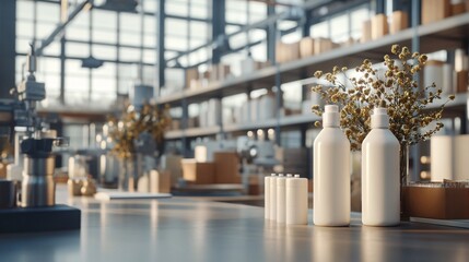 White plastic cosmetic bottles and tubes standing on table in warehouse