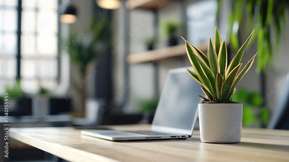 Poster modern office desk with laptop and snake plant creating a productive workspace