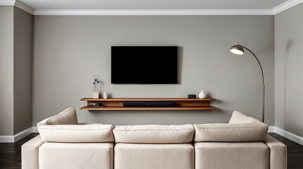 Modern Minimalist Living Room Interior Design with Beige Sofa, Flat Screen TV, and Wooden Shelf