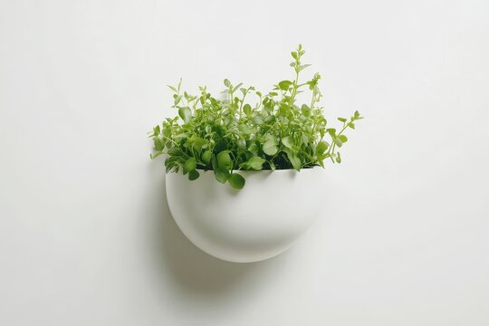 Green plant in a white, half-sphere pot.